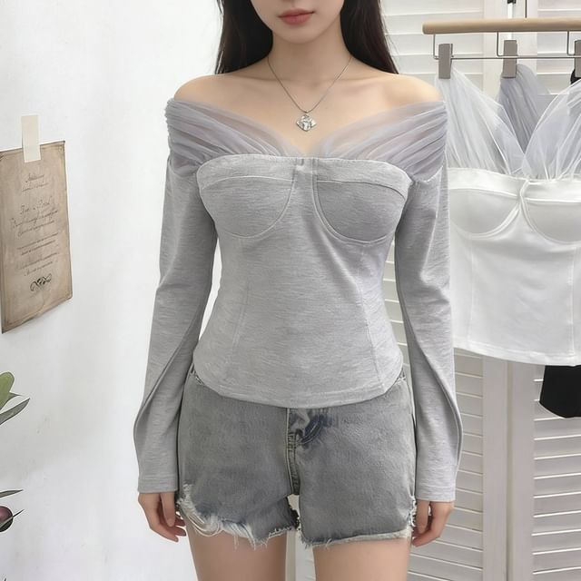 Allinya-Mock Two-Piece Long-Sleeve V-Neck Mesh Panel Slim Fit Crop Top