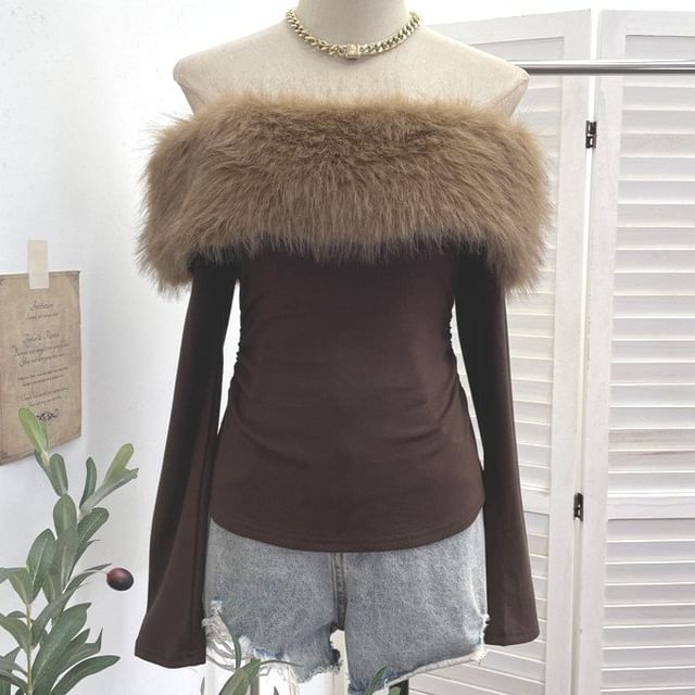 Allinya-Off Shoulder Fluffy Plain T-Shirt