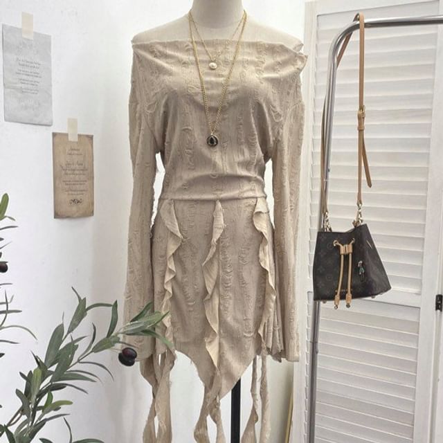 Allinya-Off-Shoulder Long-Sleeve Asymmetrical Plain Distressed Mini Bodycon Dress