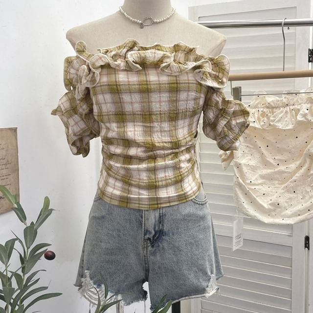 Allinya-Off-Shoulder Ruffle Trim Ruched Slim Fit Blouse