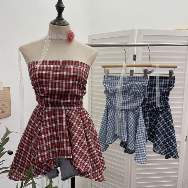 Allinya-Plaid Asymmetrical Peplum Tube Top