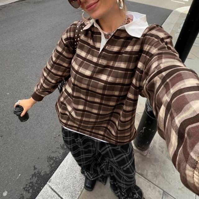 Allinya-Plaid Polo Pullover