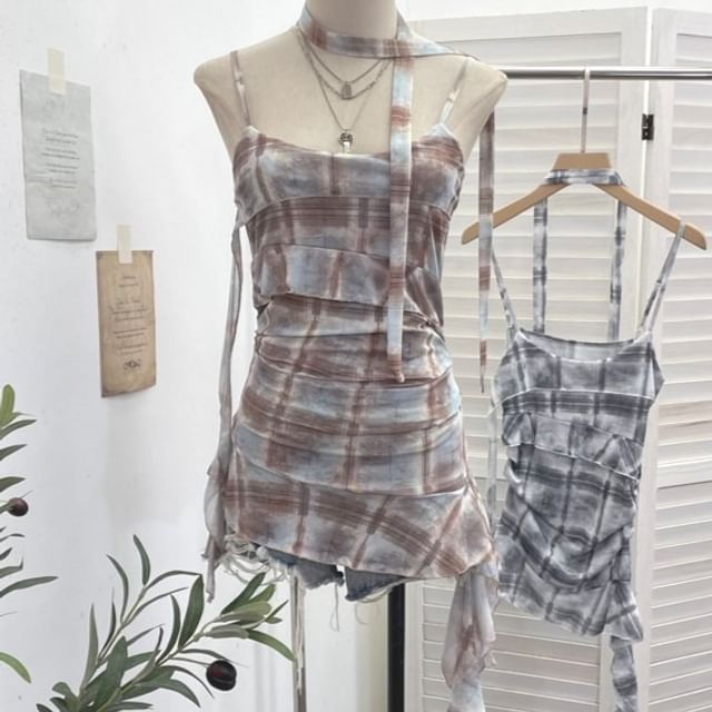 Allinya-Plaid Ruffle Asymmetrical Mesh Cami Top