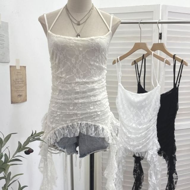 Allinya-Plain Ruched Ruffle Lace Cami Top