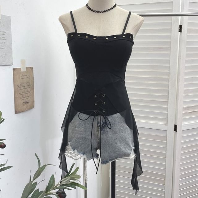 Allinya-Plain Studded Panel Lace Up Padded Camisole Top