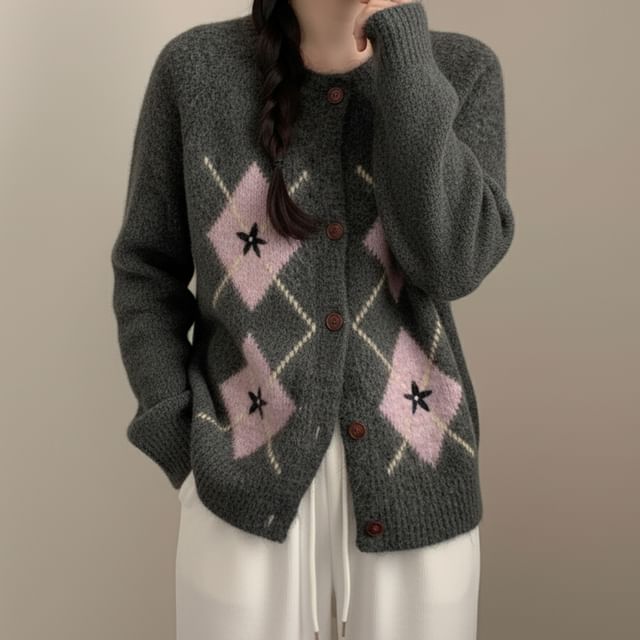 Allinya-Round Neck Argyle Cardigan