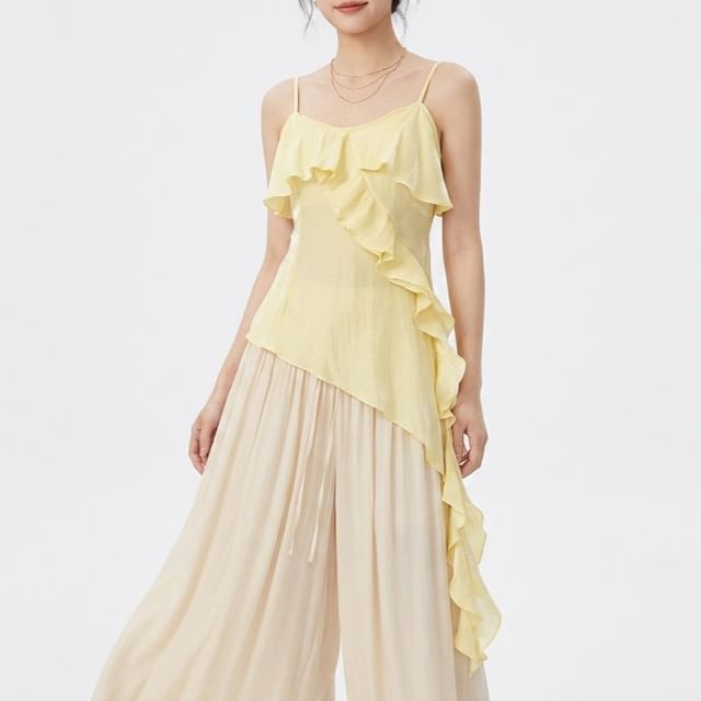 Allinya-Ruffle Asymmetrical Plain Camisole Top