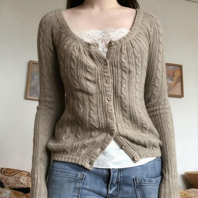 Allinya-Scoop Neck Button-Up Plain Cable Knit Cardigan