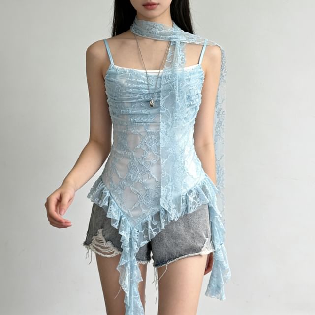 Allinya - Set: Asymmetrical Ruffle Trim Lace Slim Fit Camisole Top