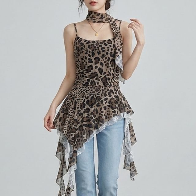 Allinya-Set Leopard Print Asymmetrical Lace Panel Ruched Slim Fit Camisole Top Scarf