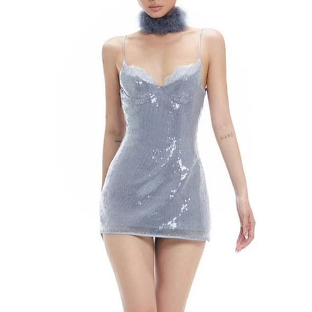 Allinya-Set Spaghetti Strap Sequin Lace Panel Mesh Mini Bodycon Dress Fluffy Choker