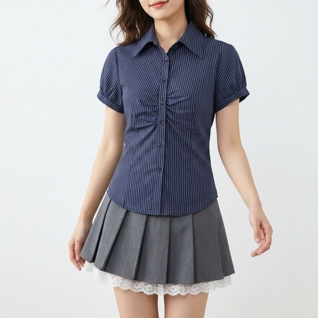 Allinya-Short-Sleeve Collared Pinstripe Ruched Button-Up Blouse