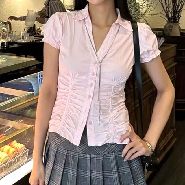 Allinya-Short Sleeve Collared Plain Ruched Shirt