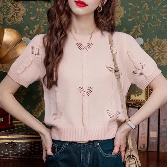 Allinya-Short-Sleeve Crew Neck Plain Pointelle Knit Top