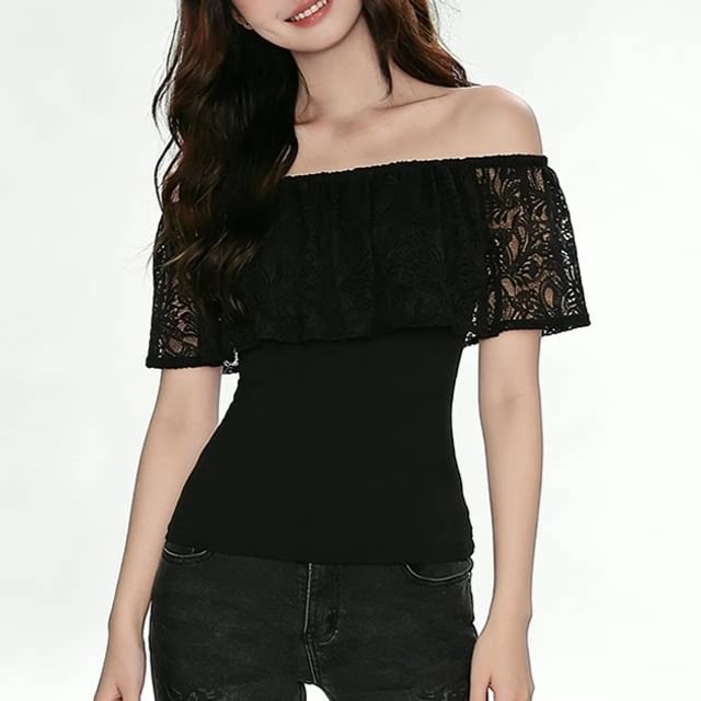 Allinya-Short Sleeve Off Shoulder Plain Panel Lace Top