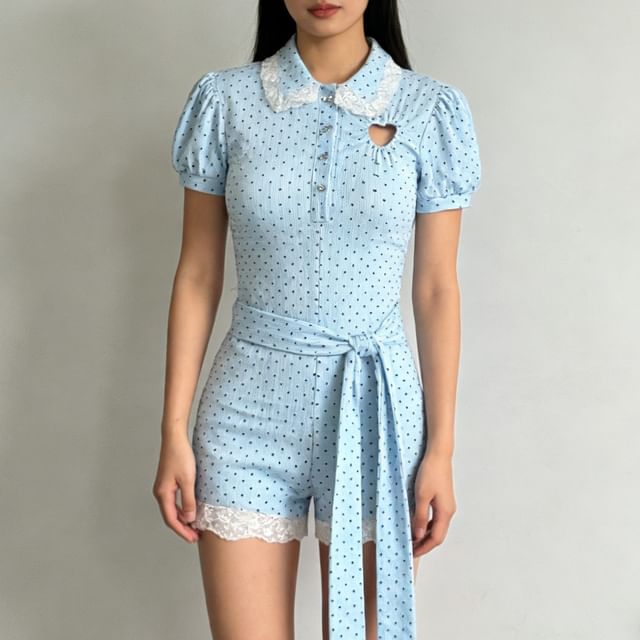 Allinya-Short Sleeve Peter Pan Collar Polka Dot Romper