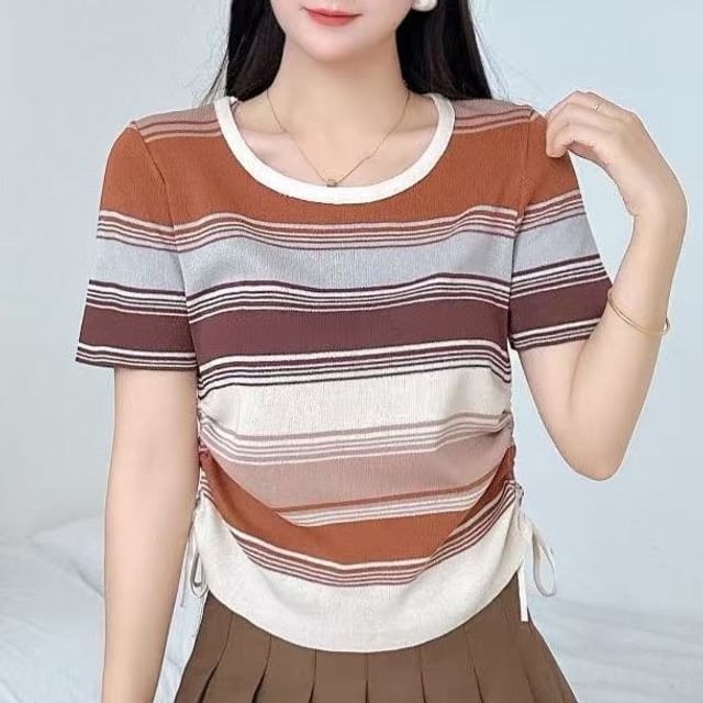 Allinya-Short-Sleeve Round Neck Striped Drawstring Tee