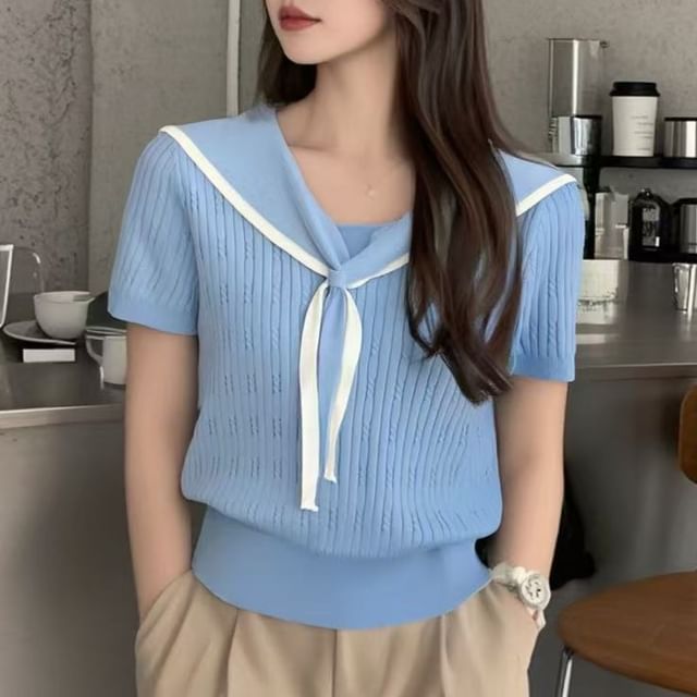 Allinya-Short-Sleeve Sailor Collar Plain Contrast Trim Ribbed Knit Top