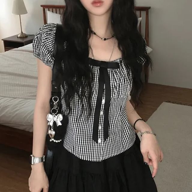Allinya-Short-Sleeve Square Neck Plaid Button Up Blouse