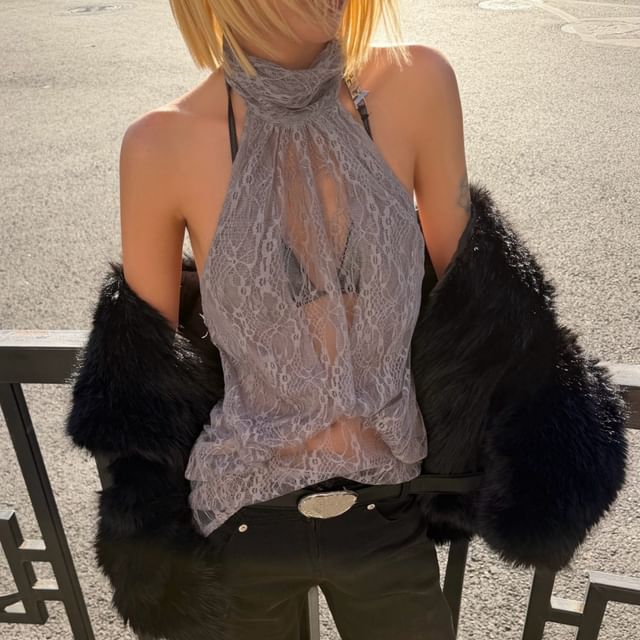 Allinya-Sleeveless Halter Neck Lace Panel Top