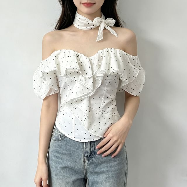 Allinya-Sleeveless Off Shoulder Dotted Ruffle Padded Top