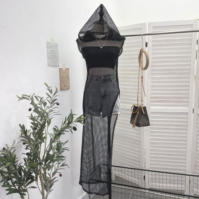 Allinya-Sleeveless Plain Slit Long Mesh Top