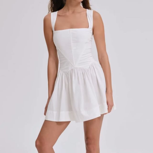 Allinya-Sleeveless Square Neck Plain Open Back Mini A-Line Dress