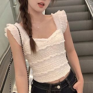 Allinya-Sleeveless Square Neck Plain Ruffle Lace Trim Crop Top