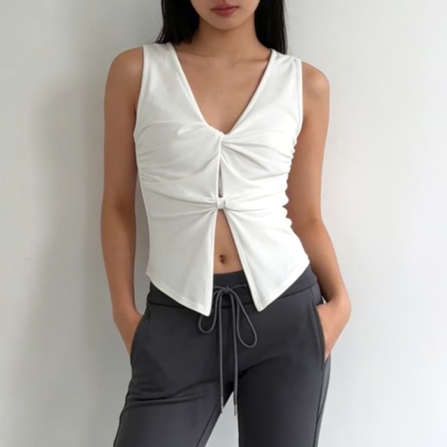 Allinya-Sleeveless V-Neck Plain Twisted Crop Top