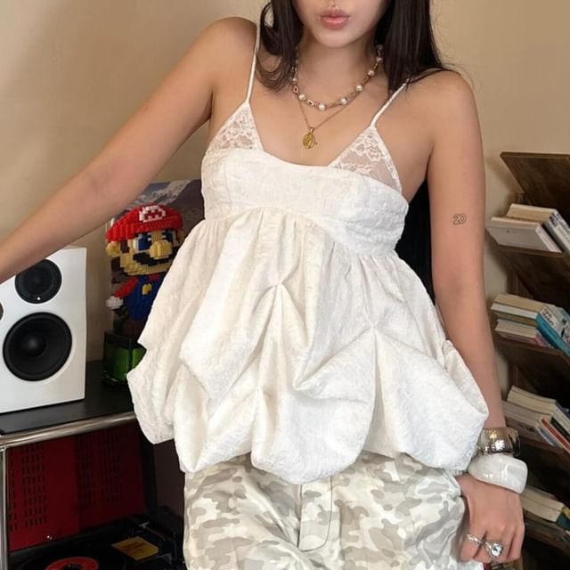 Allinya-Spaghetti Strap Lace Panel Bubble Camisole Top