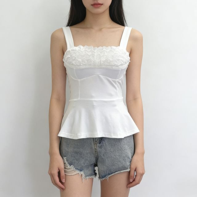 Allinya-Spaghetti Strap Lace Trim Flowy Camisole Top