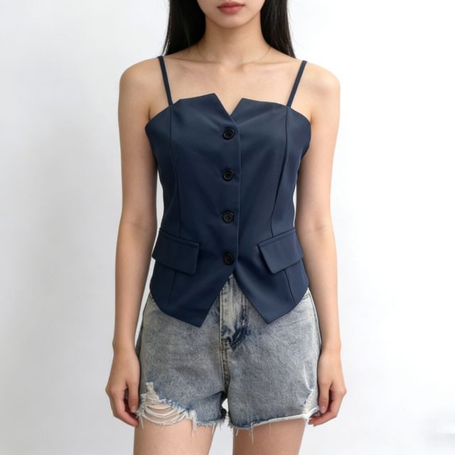 Allinya-Spaghetti Strap Plain Button Up Camisole Top