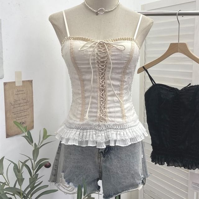 Allinya-Spaghetti Strap Ruffle Trim Lace Up Camisole Top