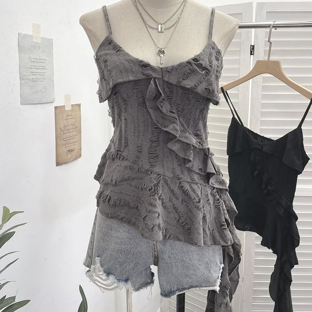 Allinya-Spaghetti Strap Scoop Neck Ruffle Trim Cami Top