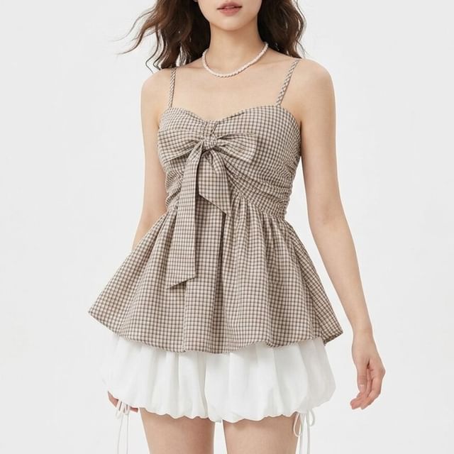 Allinya-Spaghetti Strap V-Neck Bow Detail Flowy Camisole Top