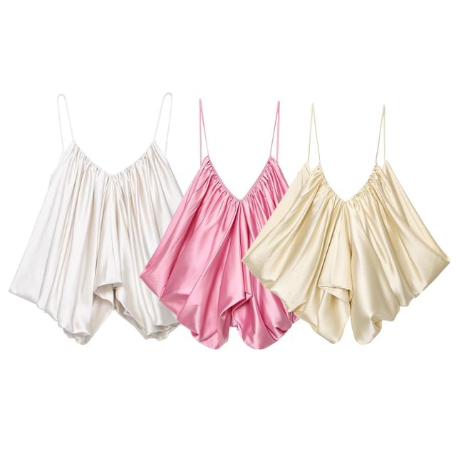 Allinya-Spaghetti Strap V-Neck Plain Ruched Camisole Top