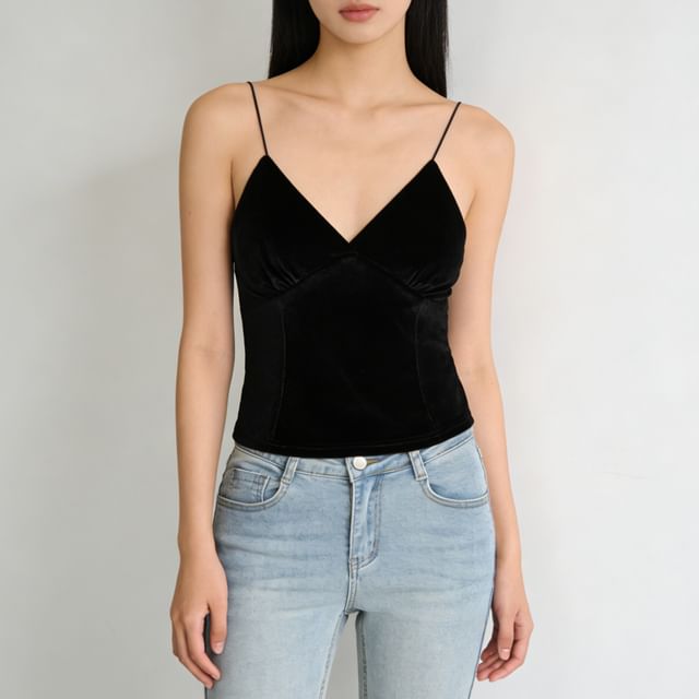 Allinya-Spaghetti Strap V-Neck Plain Velvet Camisole Top