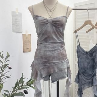 Allinya-Spaghetti Strap V-Neck Ruffle Trim Asymmetrical Camisole Top