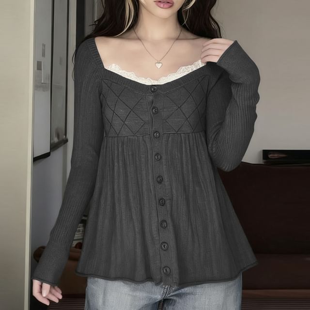 Allinya-Square Neck Lace Panel Button-Up Cardigan