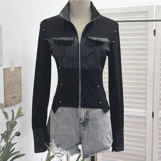 Allinya-Stand Collar Plain Faux Leather Studded Zip Jacket