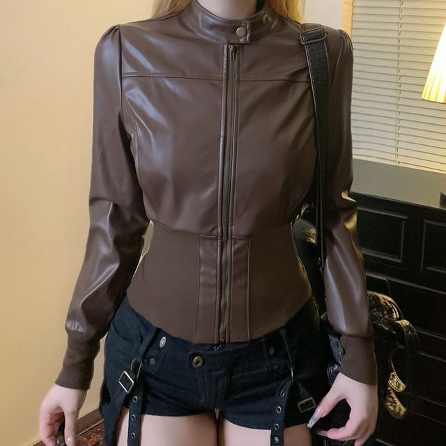 Allinya-Stand Collar Plain Faux Leather Zip Jacket