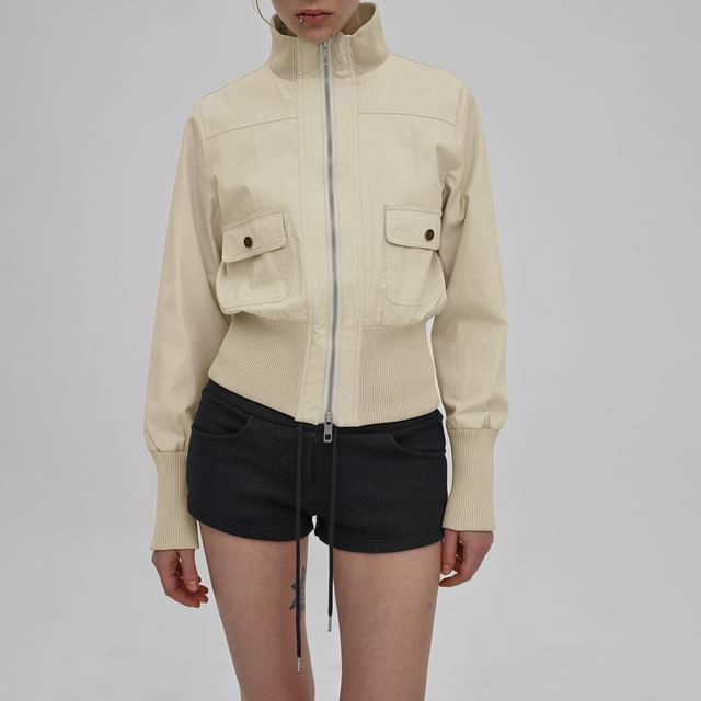 Allinya-Stand Collar Plain Pocket Detail Zip Jacket