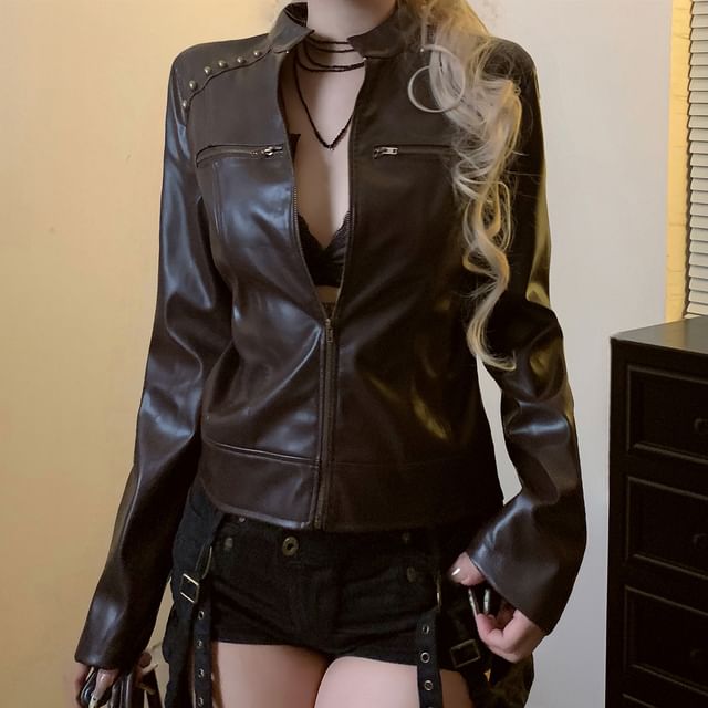 Allinya-Stand Collar Plain Studded Faux Leather Zip Jacket
