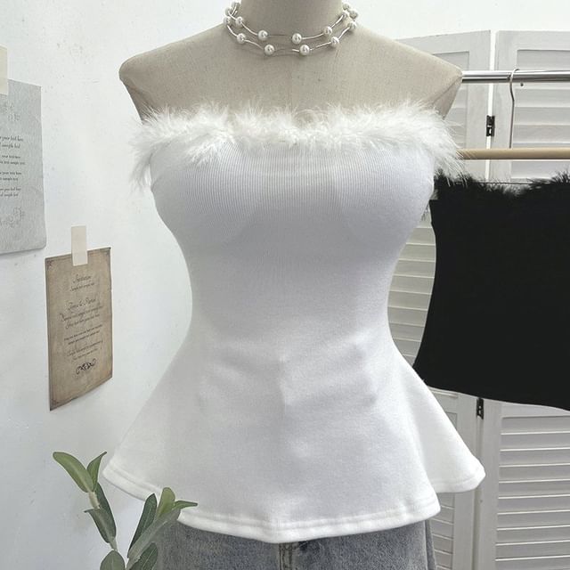Allinya-Strapless Fluffy Knit Tube Top