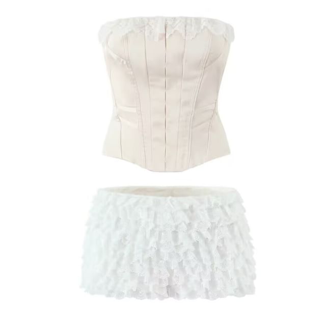 Allinya-Strapless Lace Trim Crop Corset Top Mini Skort Set