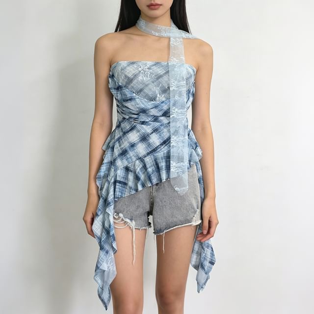 Allinya-Strapless Plaid Lace Panel Ruffle Trim Tube Top