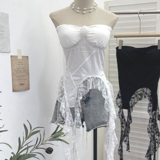 Allinya-Strapless Plain Lace Trim Tube Top