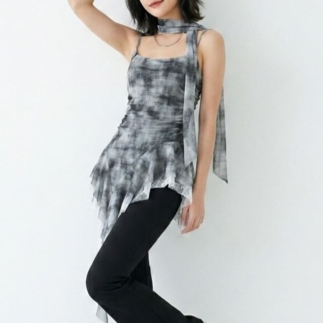 Allinya-Tie Dye Asymmetrical Ruffle Panel Lace Camisole Top
