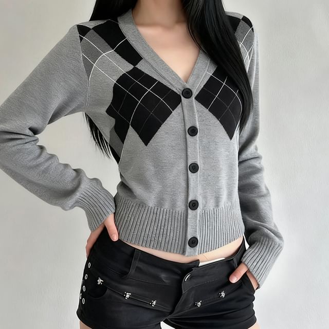 Allinya-V-Neck Argyle Cardigan