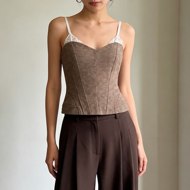 Allinya-V-Neck Lace Panel Crop Corset Top